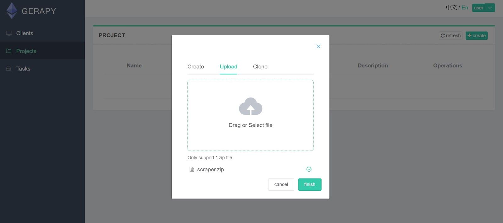 Project Upload Modal Gerapy