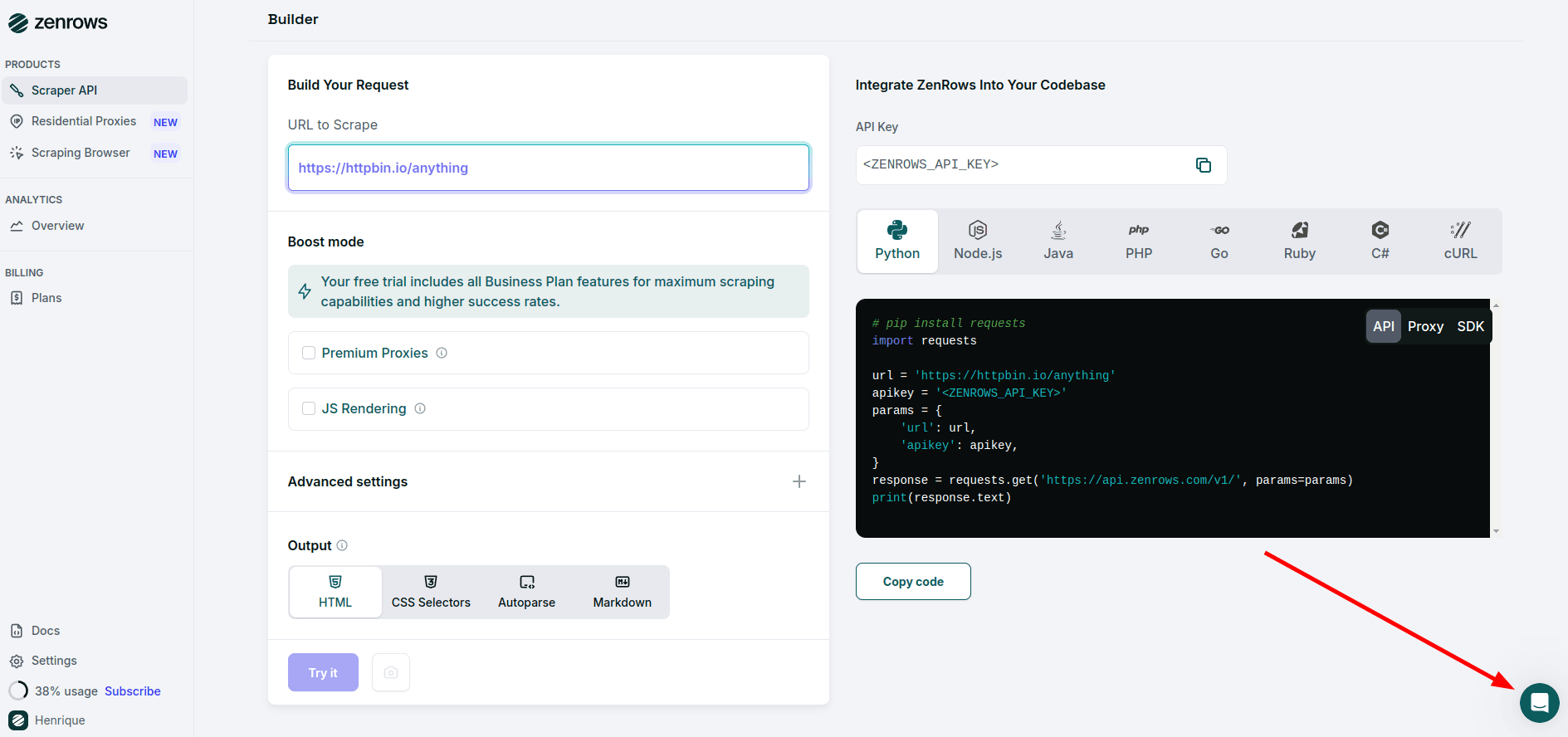 ZenRows Request Builder Page