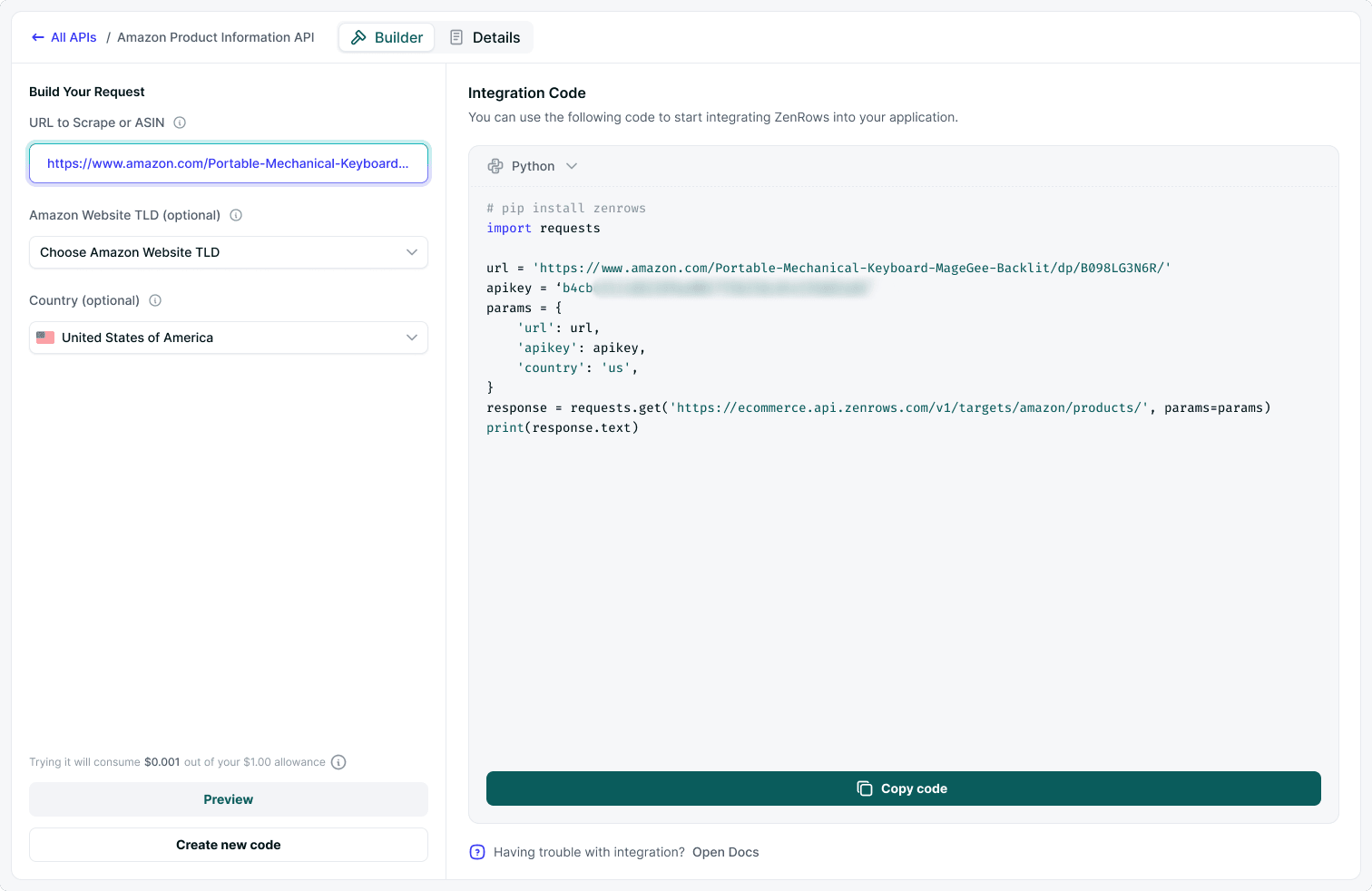 Amazon API builder page
