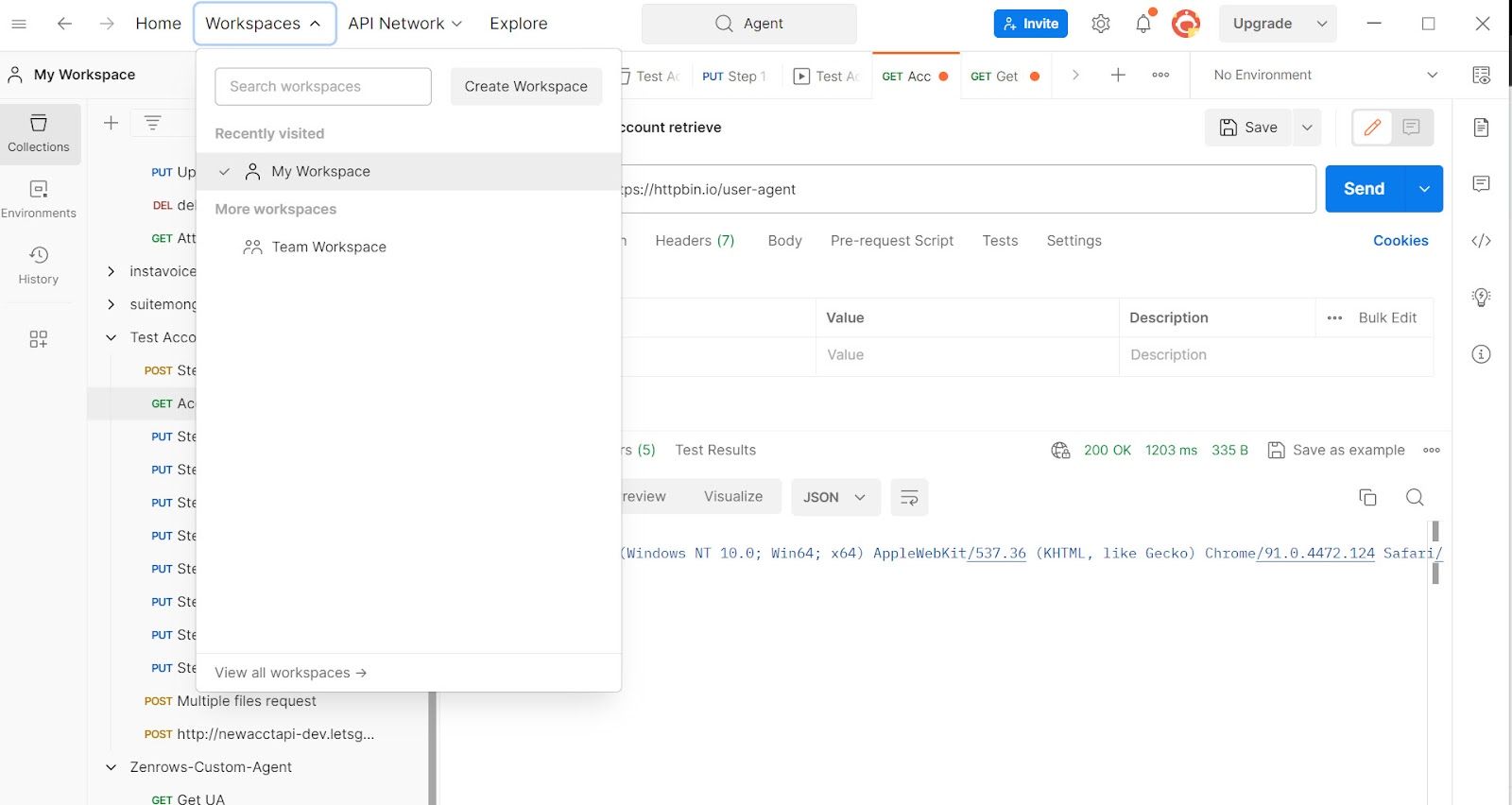 Postman workspaces option