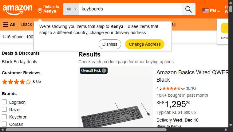 Amazon keyboards products listings page.