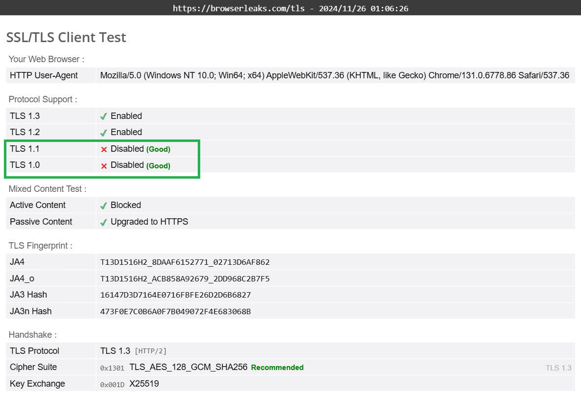 Browserleaks TLS With Extension