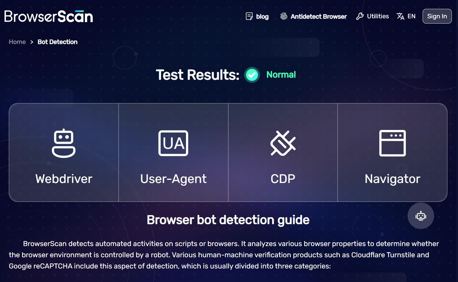 BrowserScan test results.