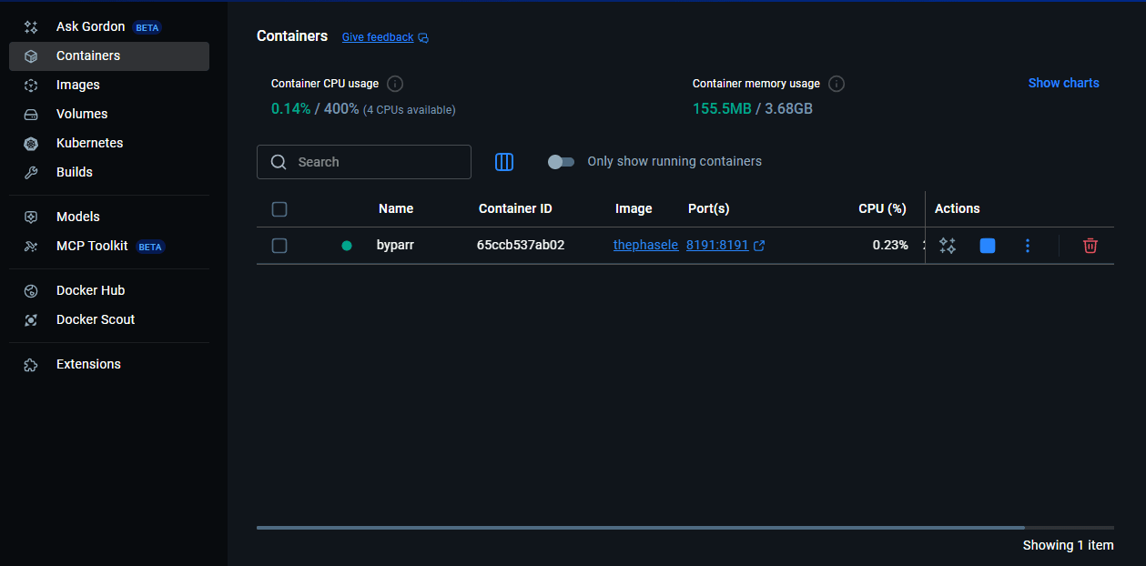 Byparr container running in Docker desktop.