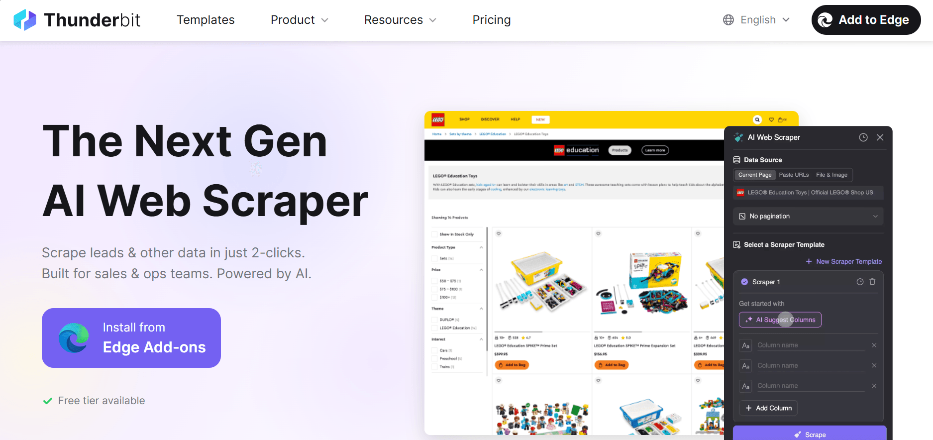 Thunderbit e-commerce scraper homepage.