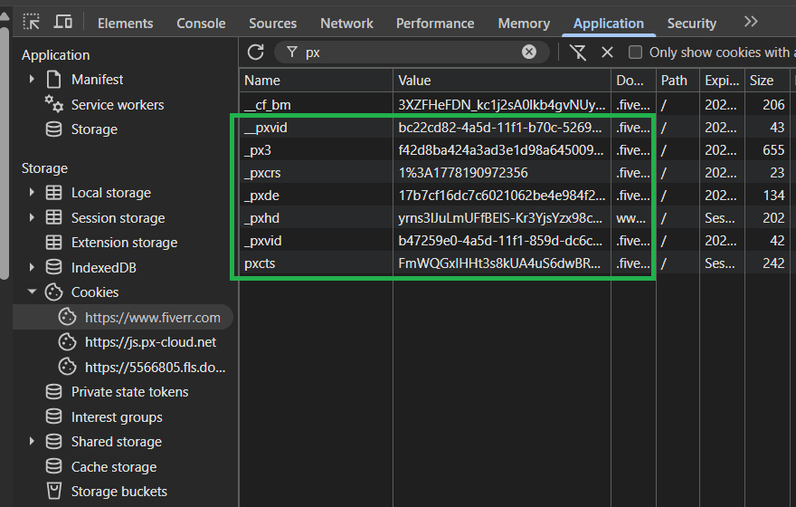 Fiverr browser application tab cookies.