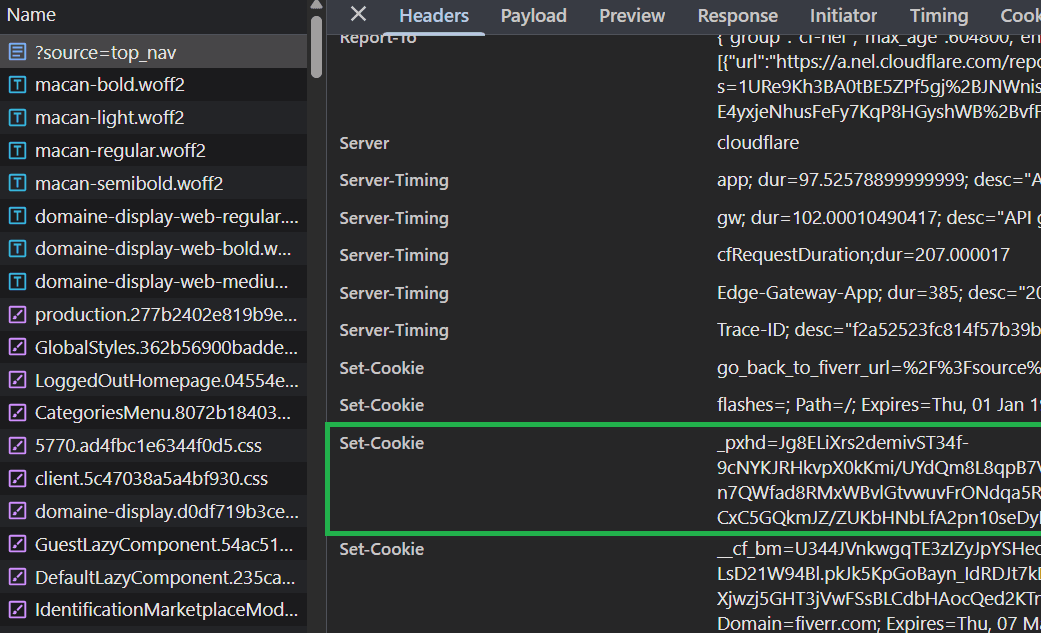 Fiverr network log Set-Cookie inspection in the browser network tab.