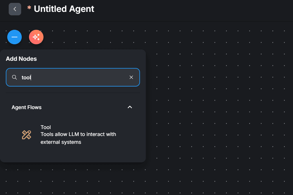 Selecting Flowise canvas "Tool" node.