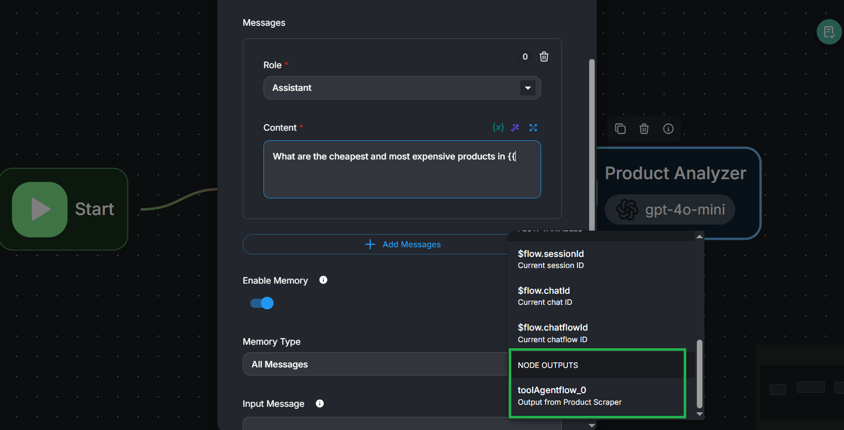 Flowise OpenAI prompt configuration.