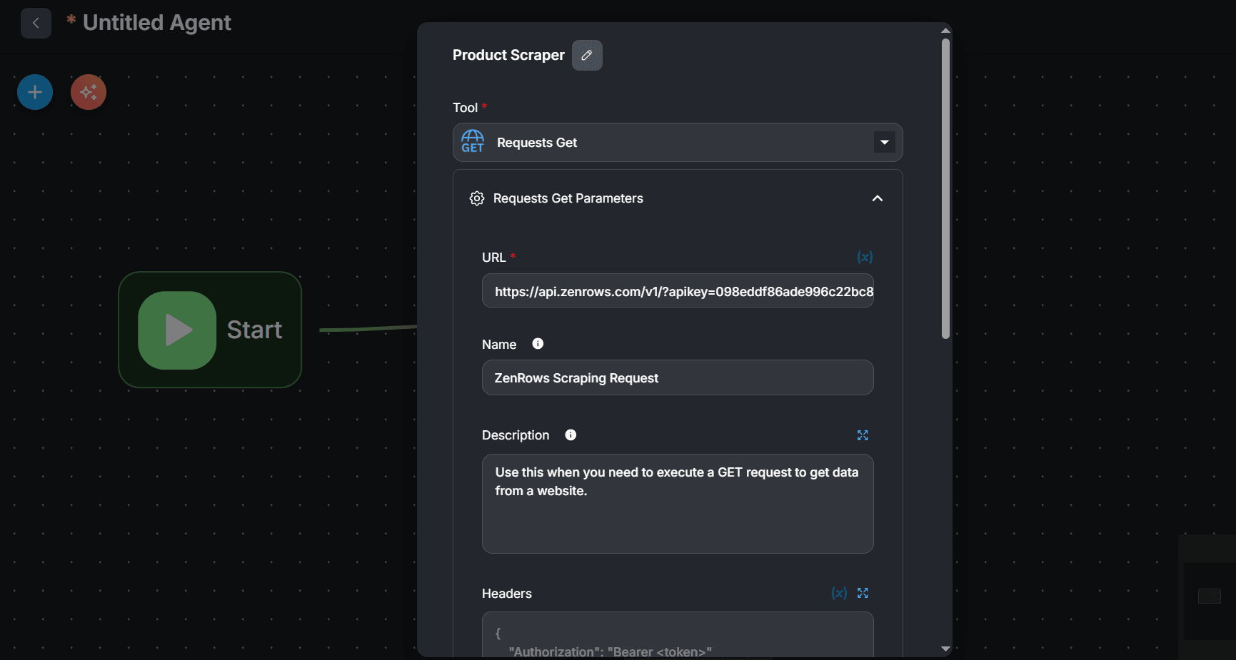 Flowise Zenrows scraping url integration.