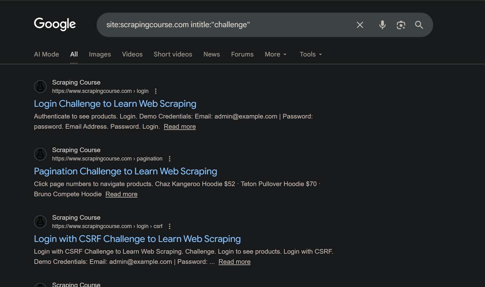 Searching for all URLs on a domain using Google search intitle operator.