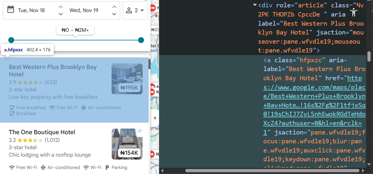 Google maps place listing devtool inspection.