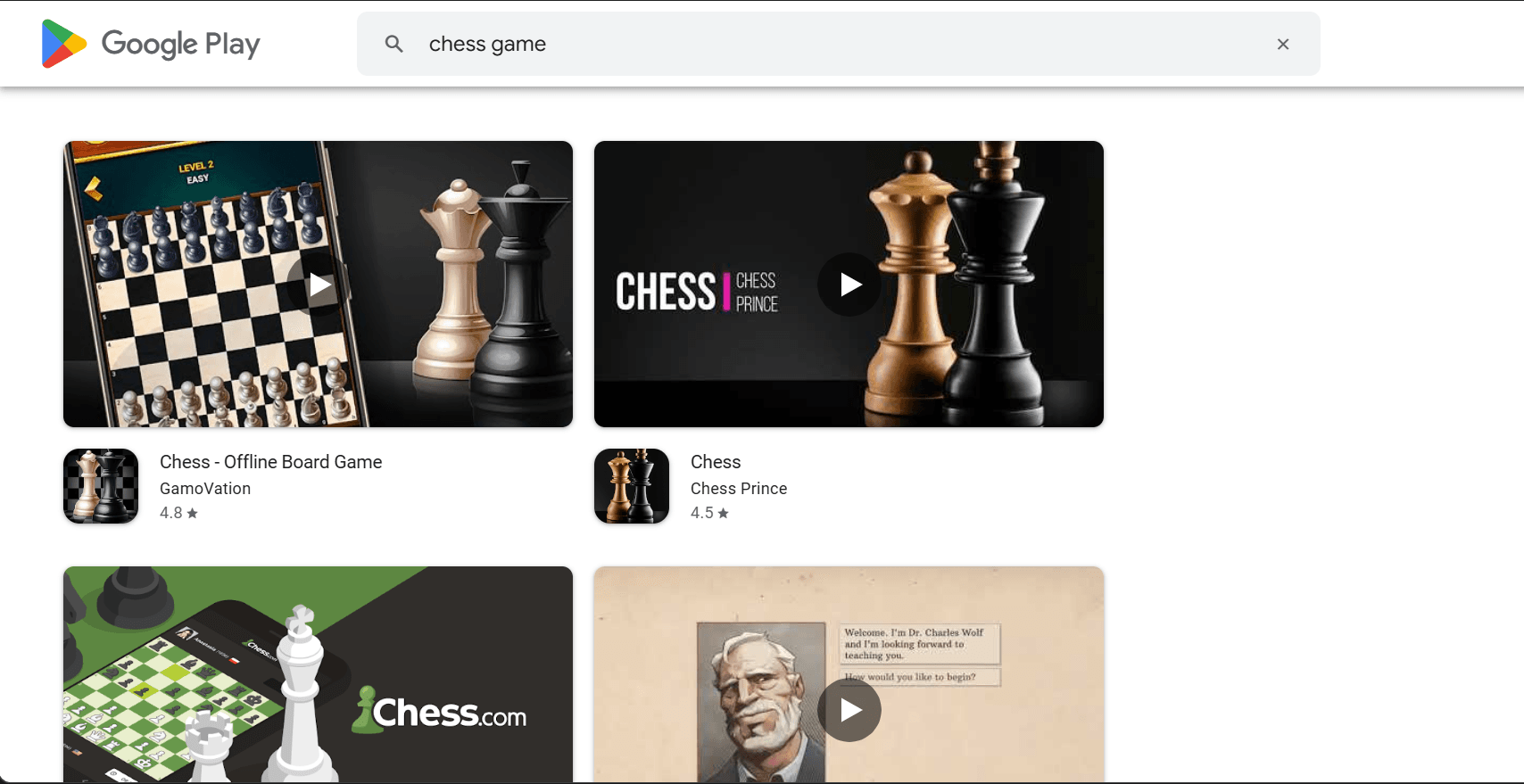 Google Play chess game search results.