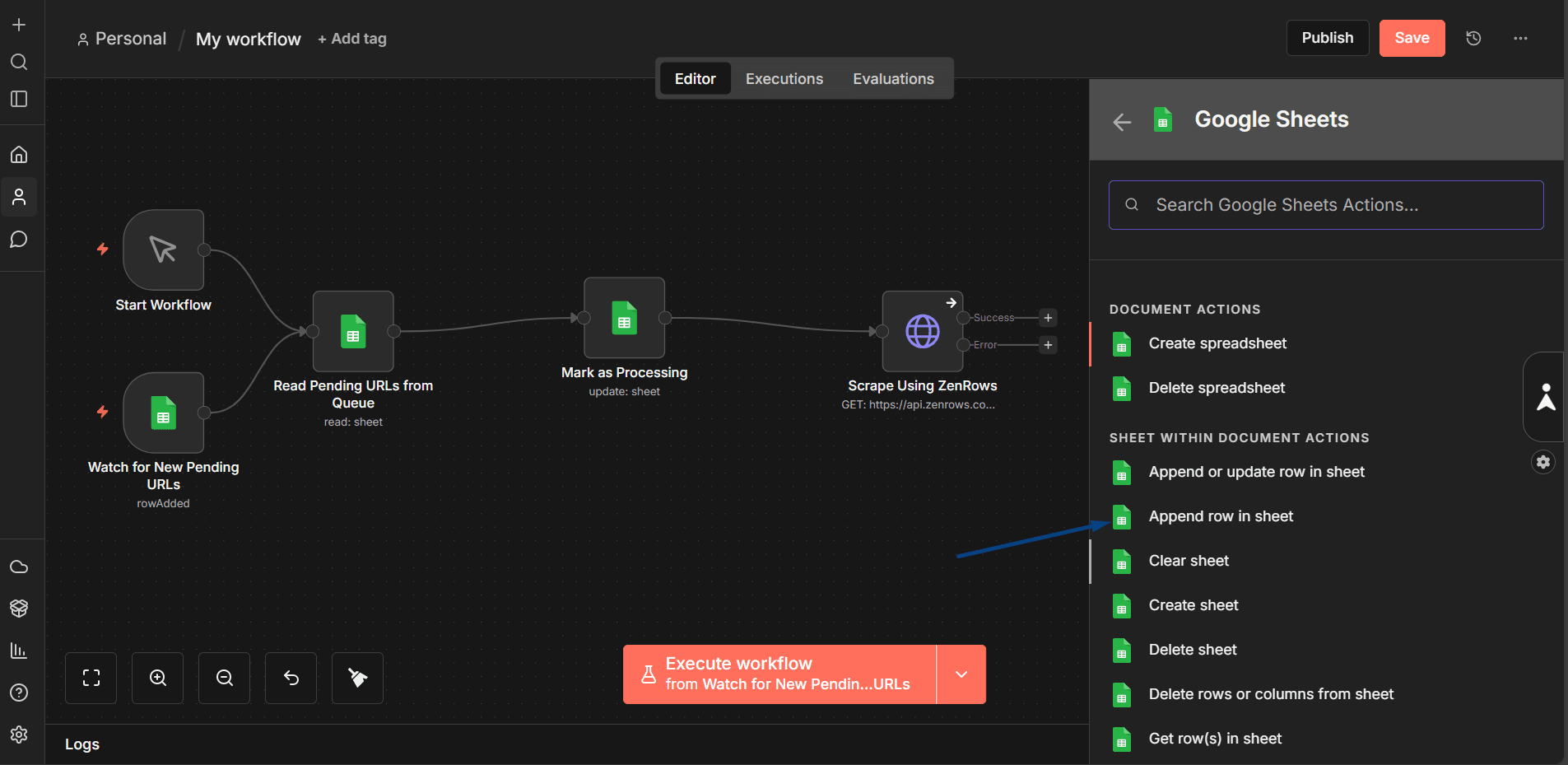 Storing the n8n workflow results in Googgle Sheets using the "Append row in sheet" action.