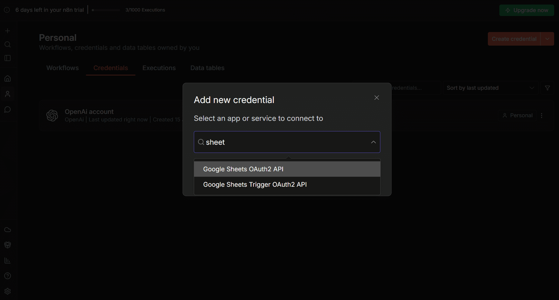 Google Sheets credential selection.