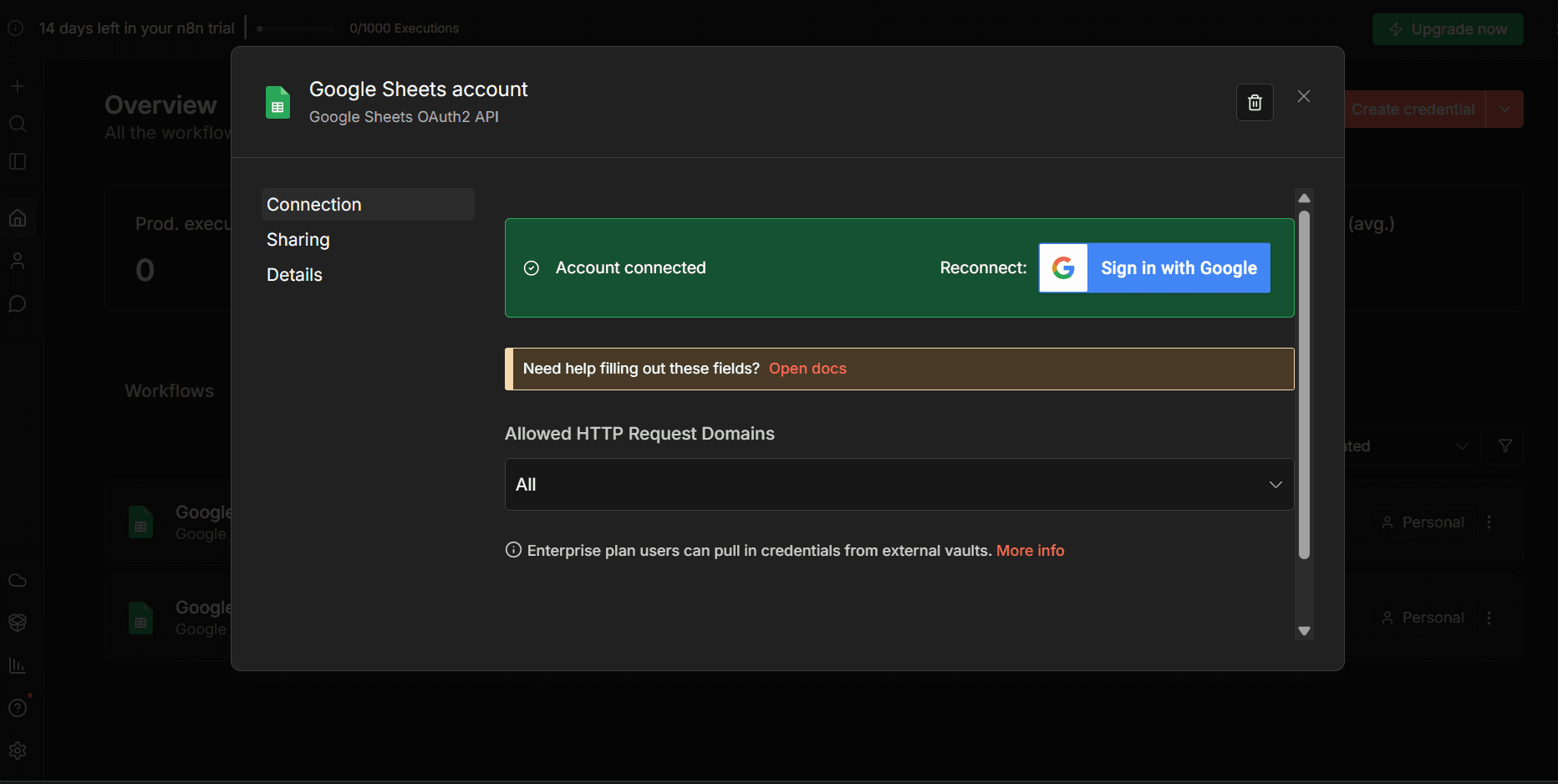 Google Sheets n8n credential for OAuth2 API access connected.