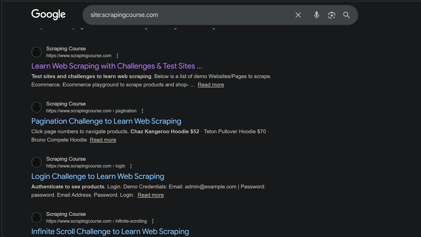 Searching for all URLs on a domain using Google search site operator.