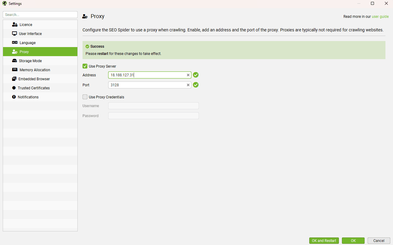 Screaming frog proxy interface step 2