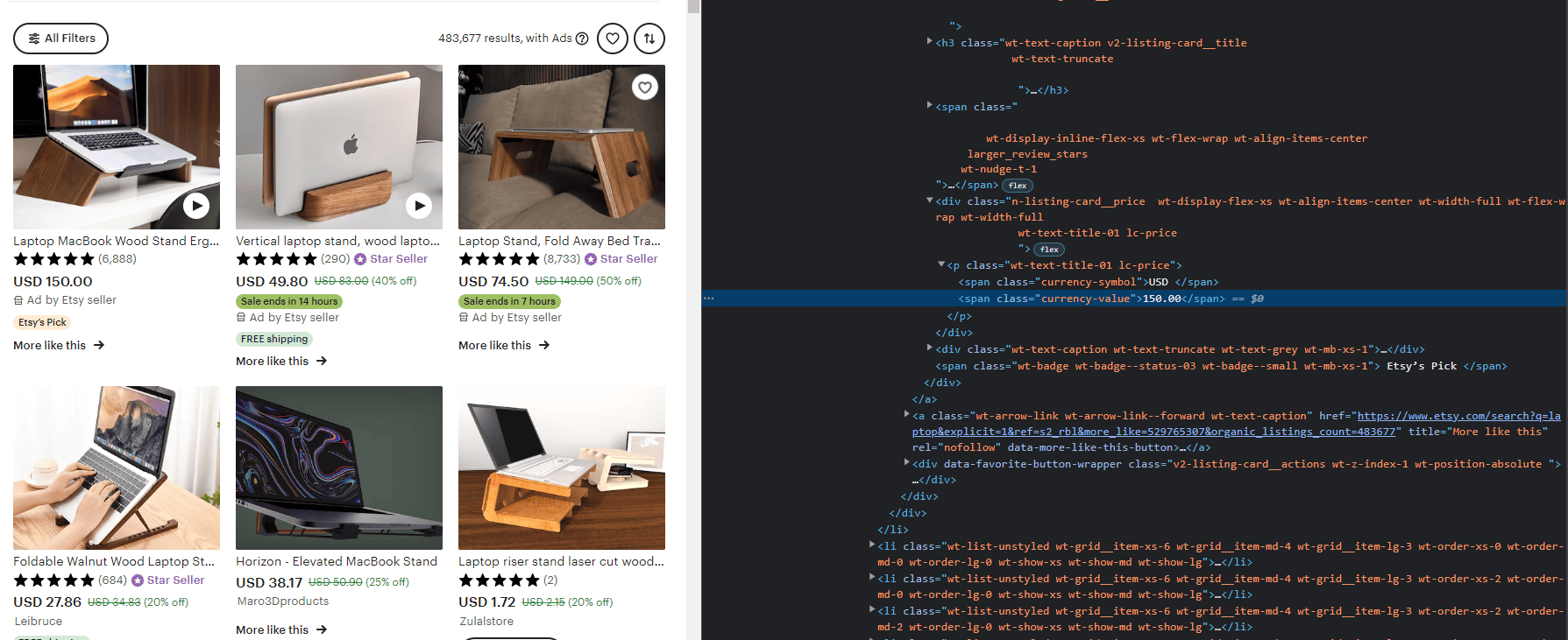 Inspect an Etsy page