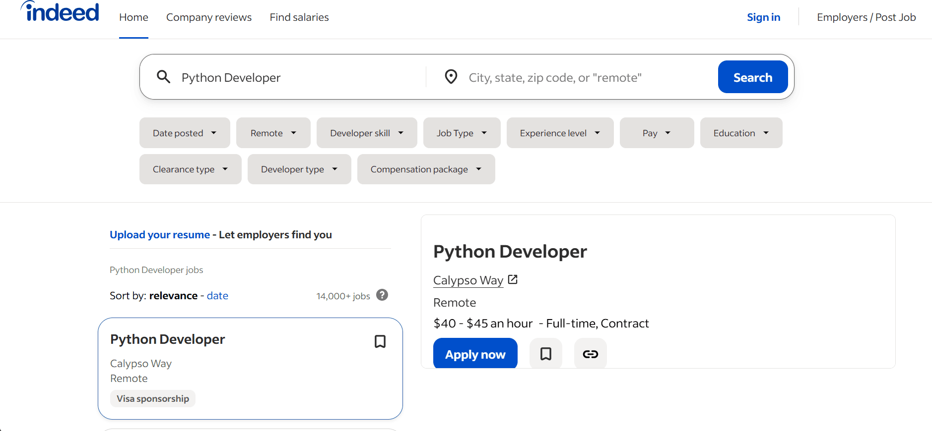 Indeed Python developer job listings.