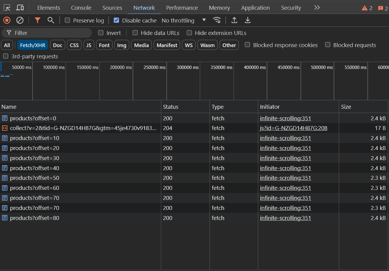 Infinite Scrolling Network Tab With XHR