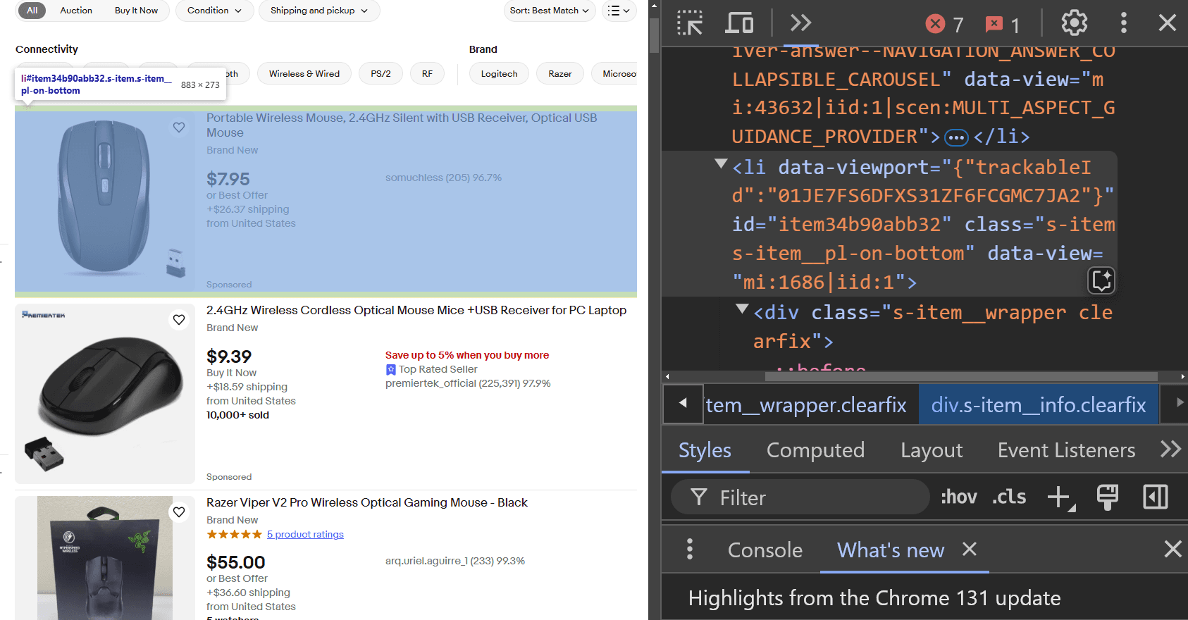 Inspect eBay Search Result Page