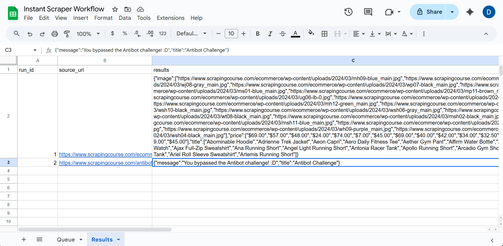 The instant data scraper results.