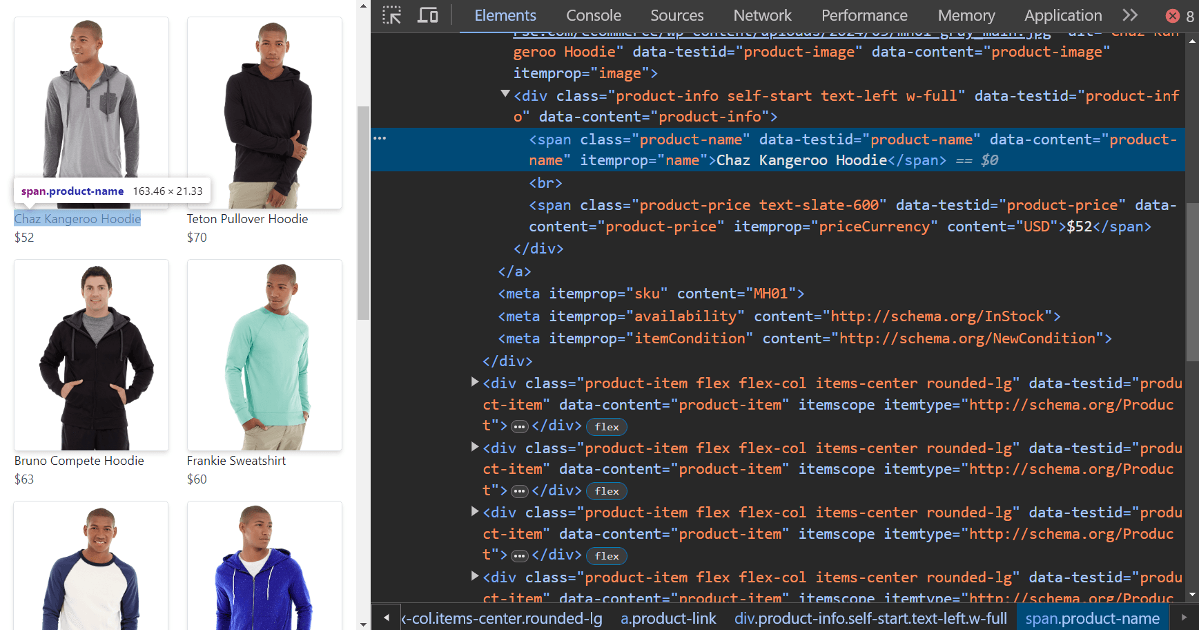 js rendering first product name devtools