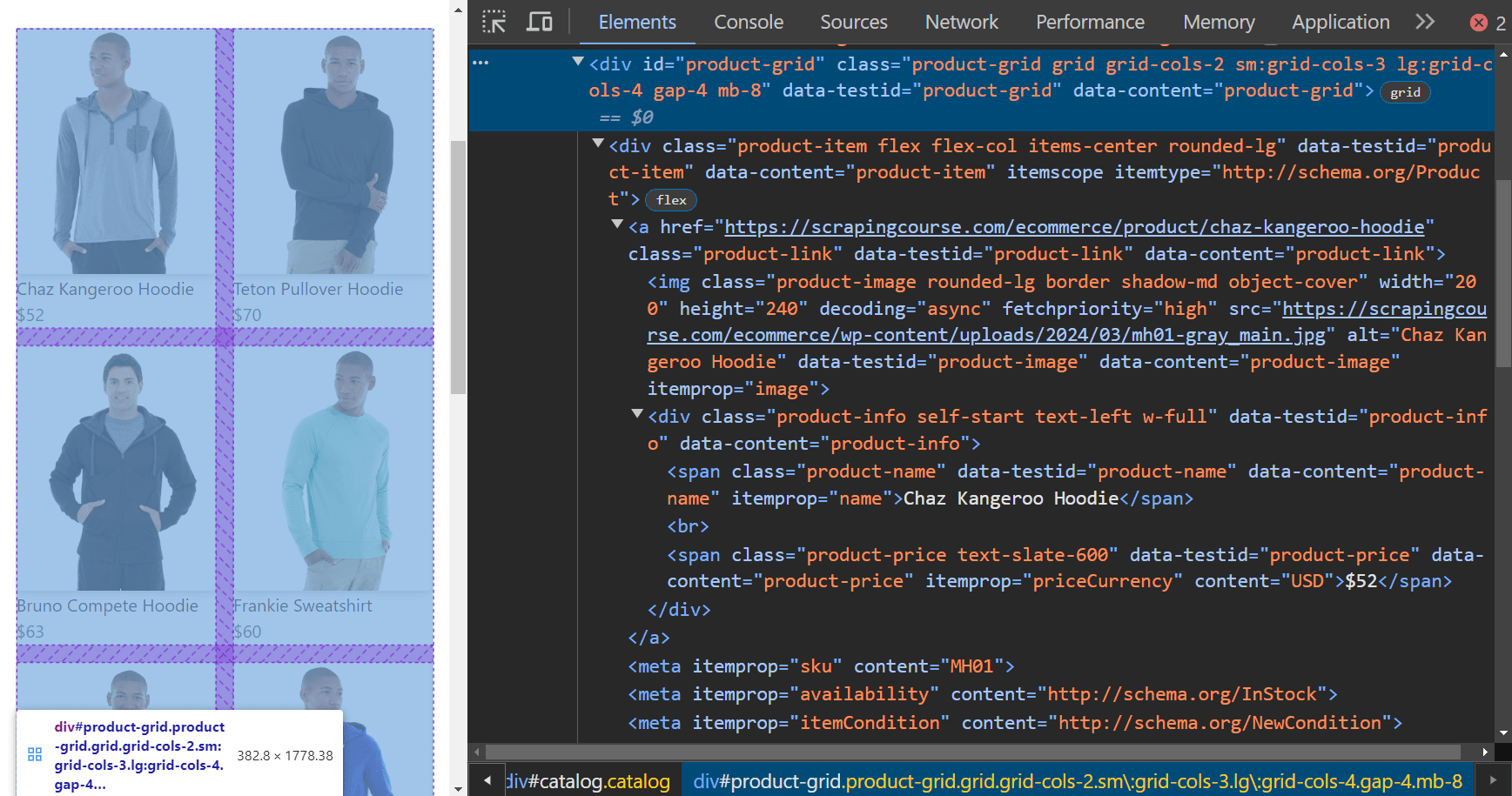 js rendering product-grid devtools screenshot