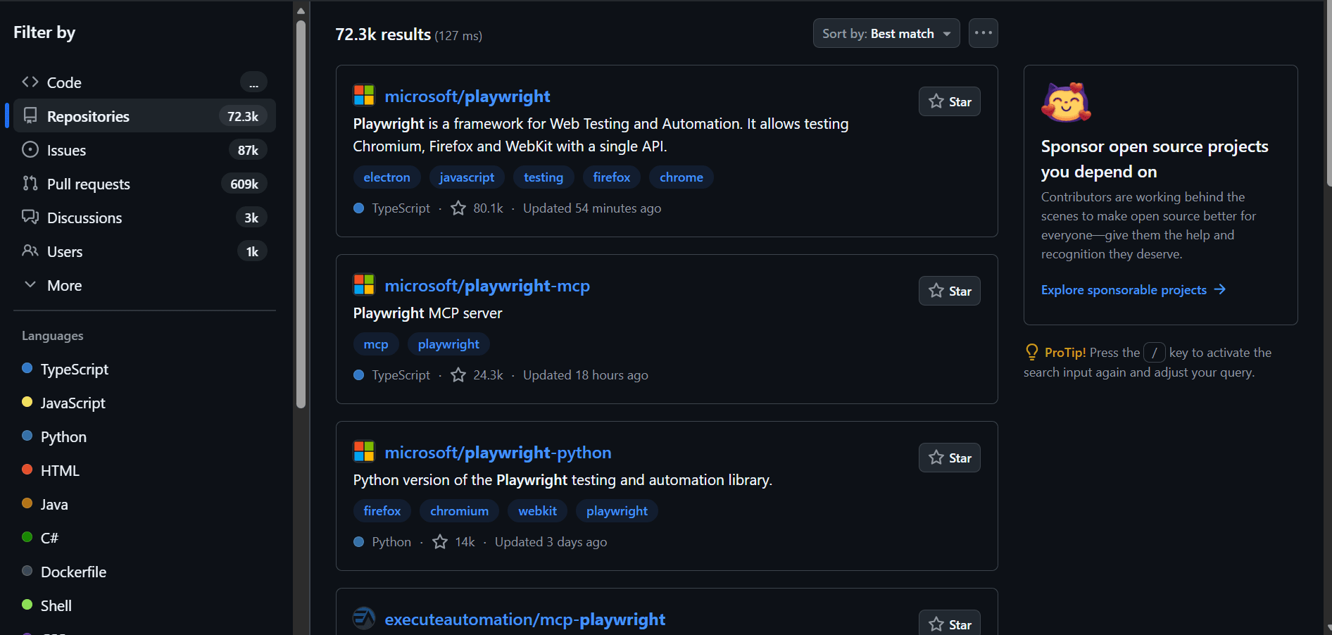 Search results list.