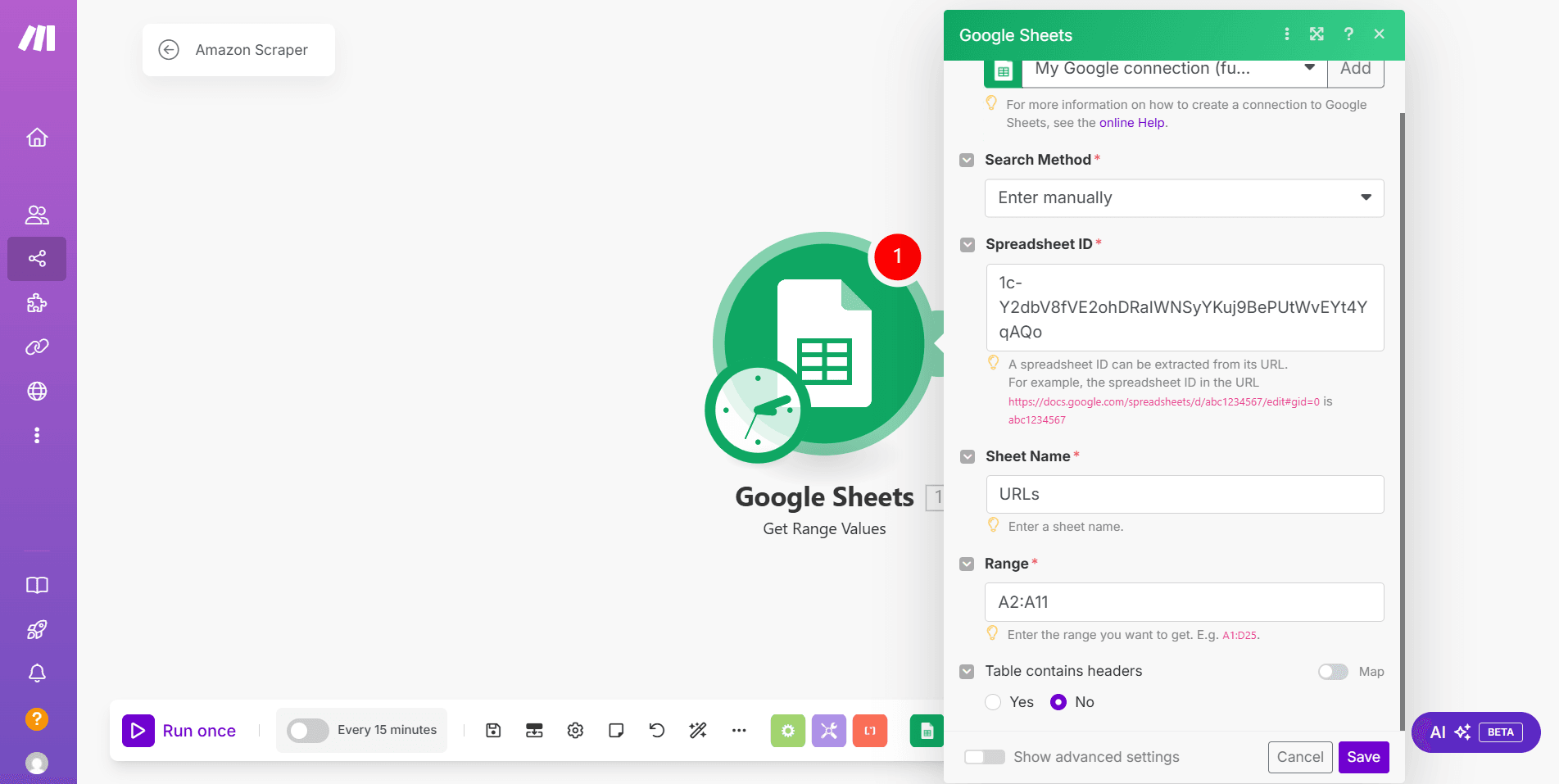 Make Google Sheets setup box