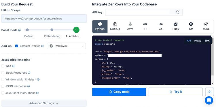 ZenRows Request Builder Page