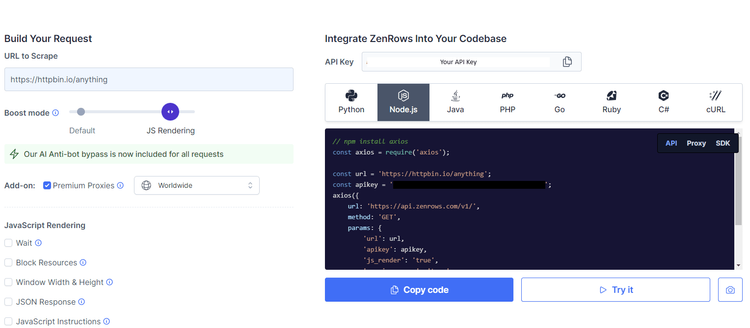 ZenRows Request Builder Page