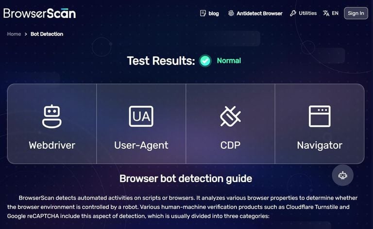BrowserScan test results.