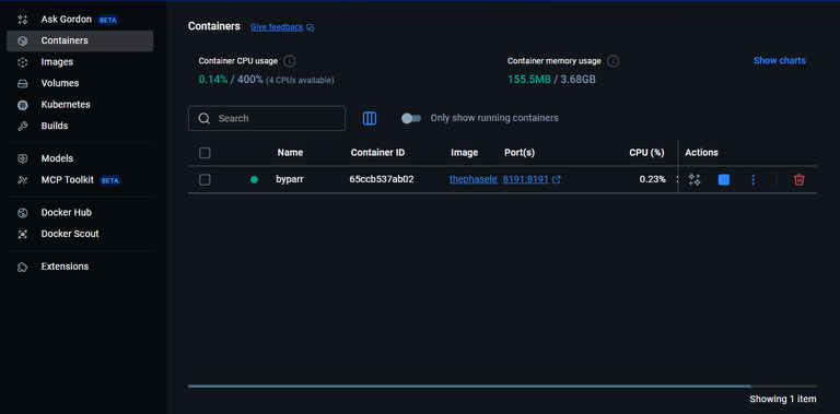 Byparr container running in Docker desktop.