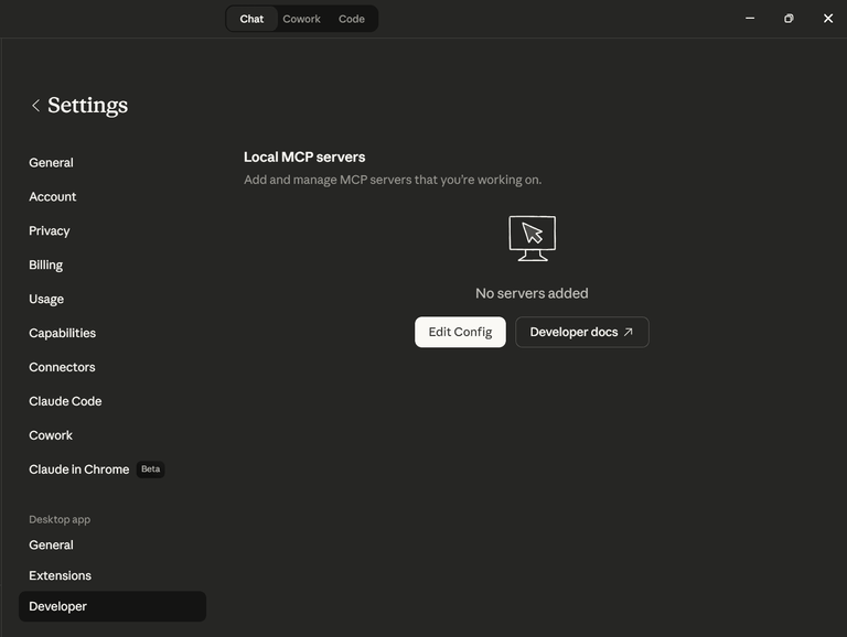 Claude Desktop MCP configuration page.