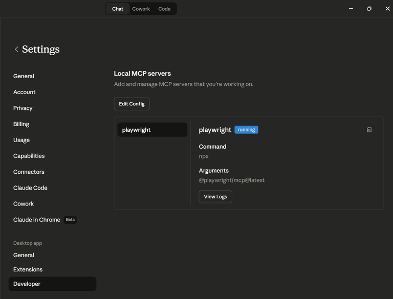 Playwright MCP running as Claude Desktop local MCP server.