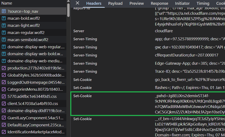 Fiverr network log Set-Cookie inspection in the browser network tab.