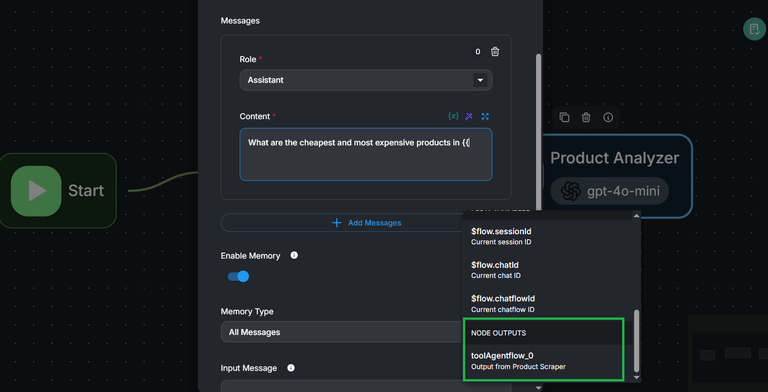 Flowise OpenAI prompt configuration.
