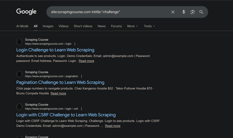 Searching for all URLs on a domain using Google search intitle operator.