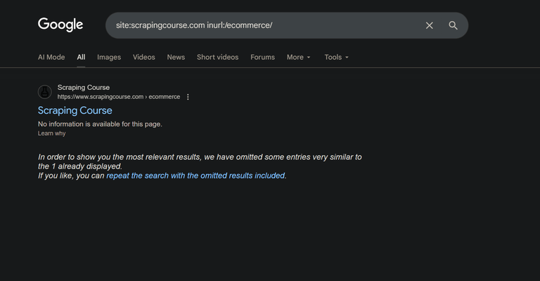 Searching for all URLs on a domain using Google search inurl operator.