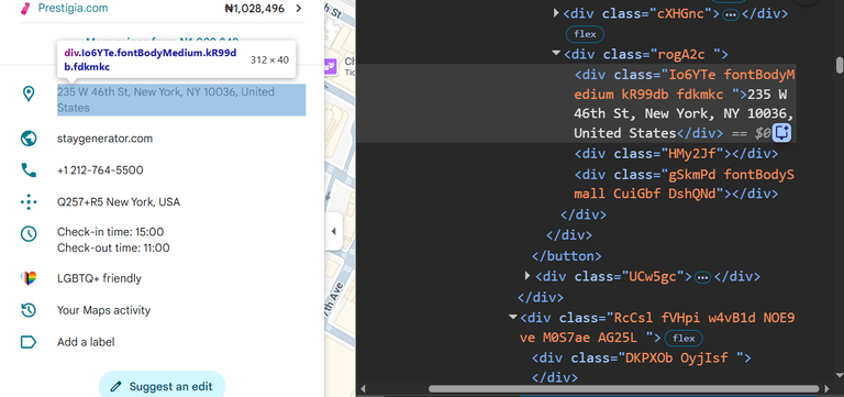 Google maps place listing page CSS inspection.