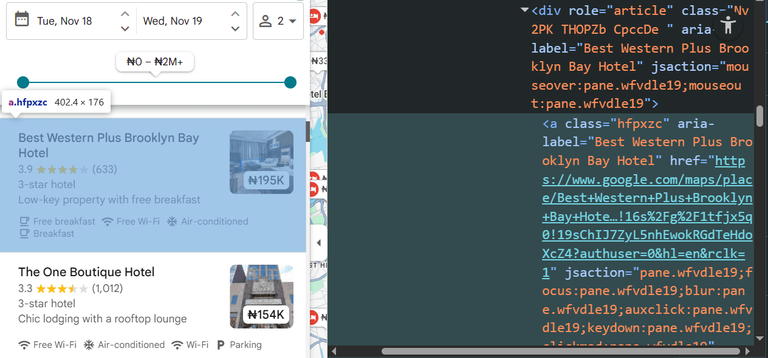 Google maps place listing devtool inspection.