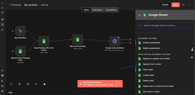 Storing the n8n workflow results in Googgle Sheets using the "Append row in sheet" action.
