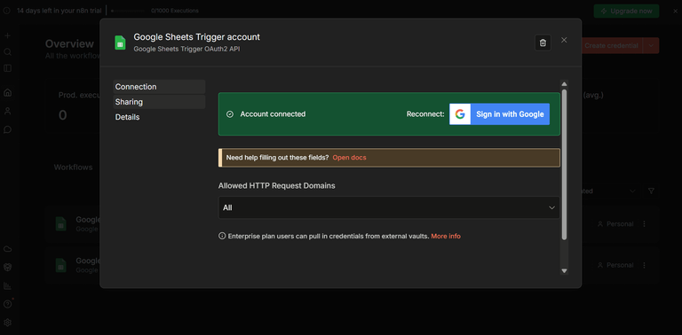 Google Sheets n8n trigger account connected.