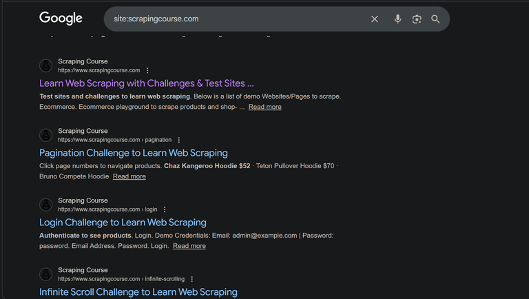 Searching for all URLs on a domain using Google search site operator.