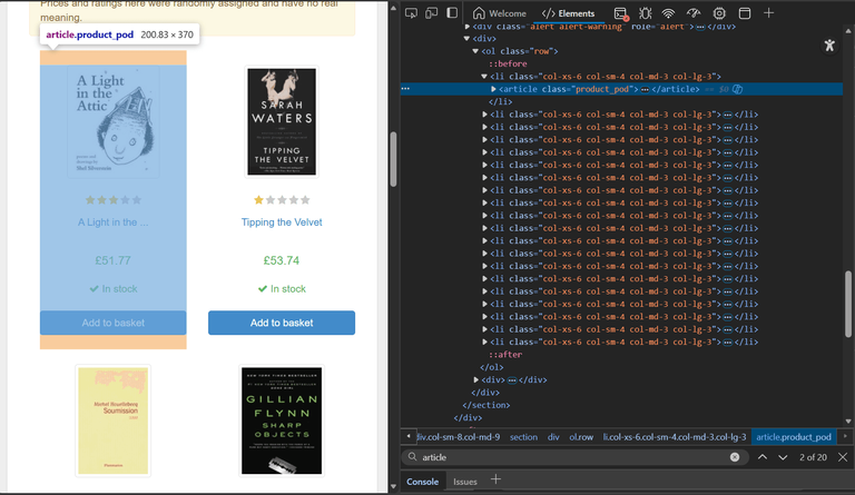 Page inspection using dev tools.