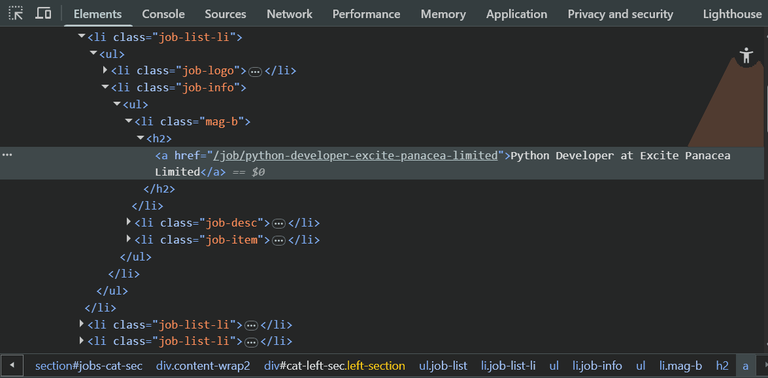MyJobMag developer console inspection.