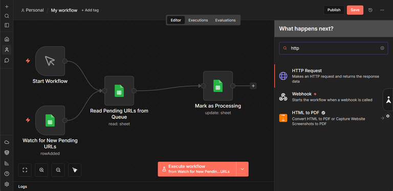 Selecting a HTTP request node in n8n.