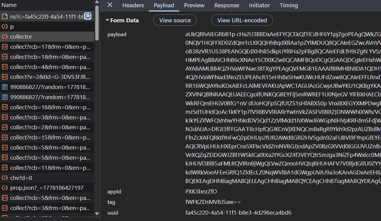 Network tab inspection of the collector request payload.